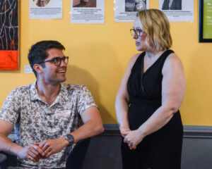 Connecting Generations: BLC Program Director Aron Thiim with podcast host Nicole Pascarelli O'Brien at The Women Who Stayed launch event.